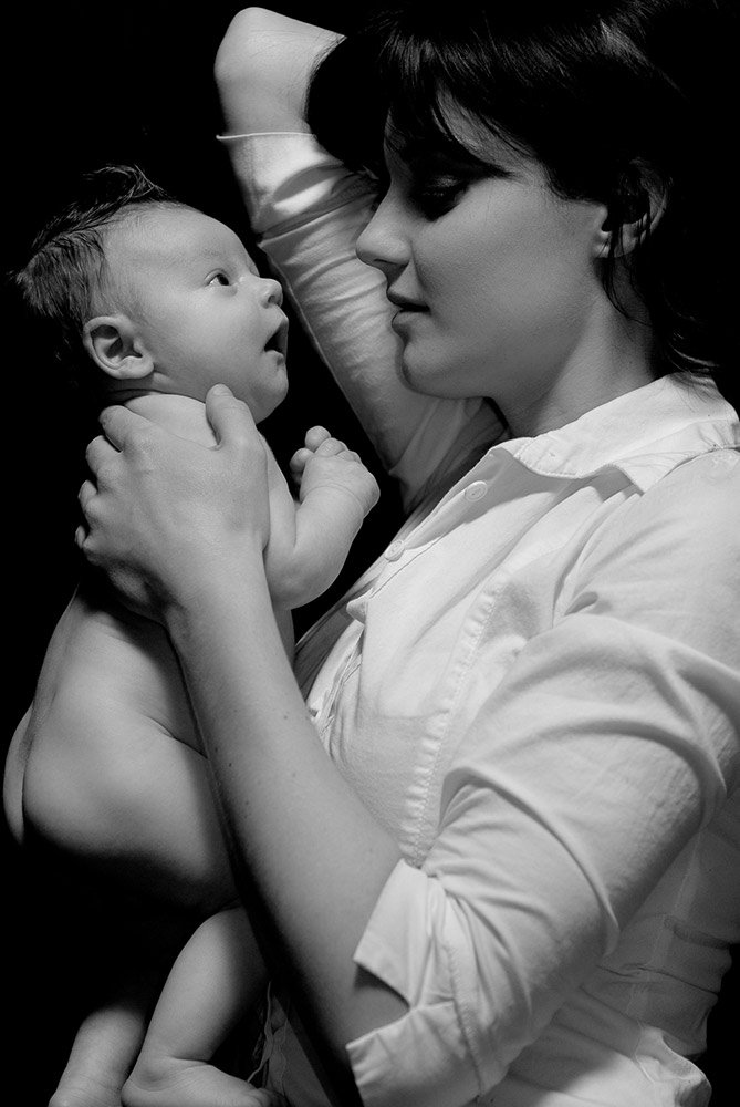 Mother and Newborn Son in Black and White