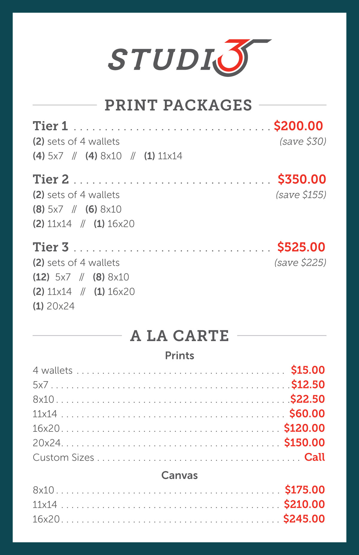 PRINT PRICELIST | Studio 35
